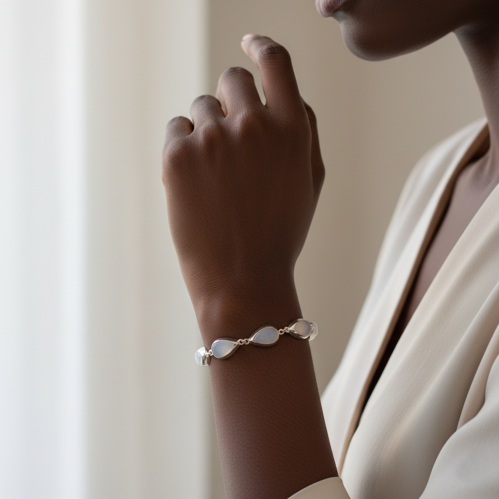 Moon Drops bracelet at angle showing ethereal design and calm sea symbolism