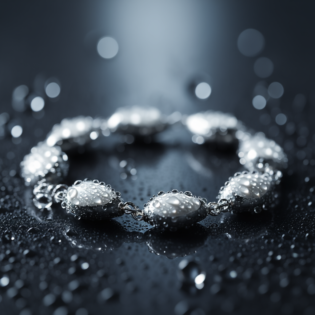 Detail macro Moon Drops bracelet highlighting white shell teardrop carving and moonlight reflection quality