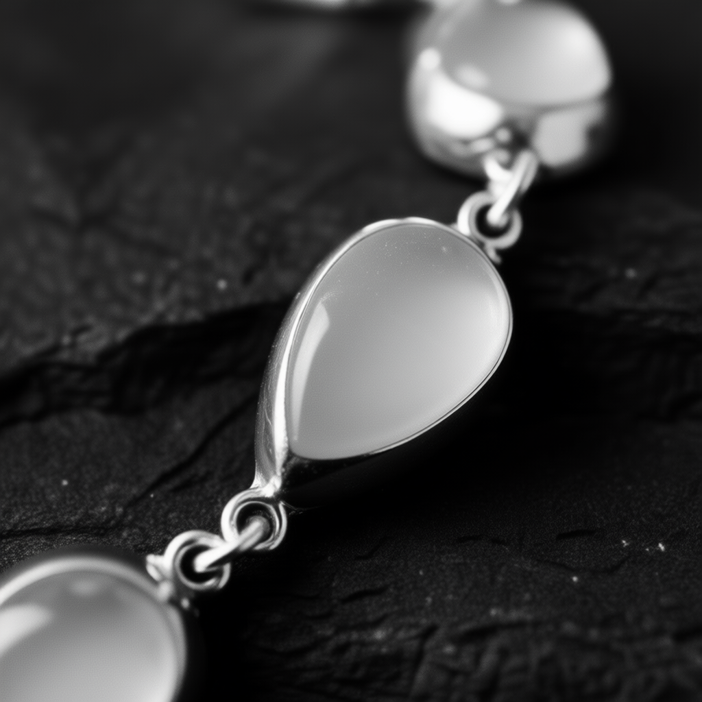 Close-up detail Moon Drops bracelet showing 925 sterling silver setting precision and ocean purity symbolism