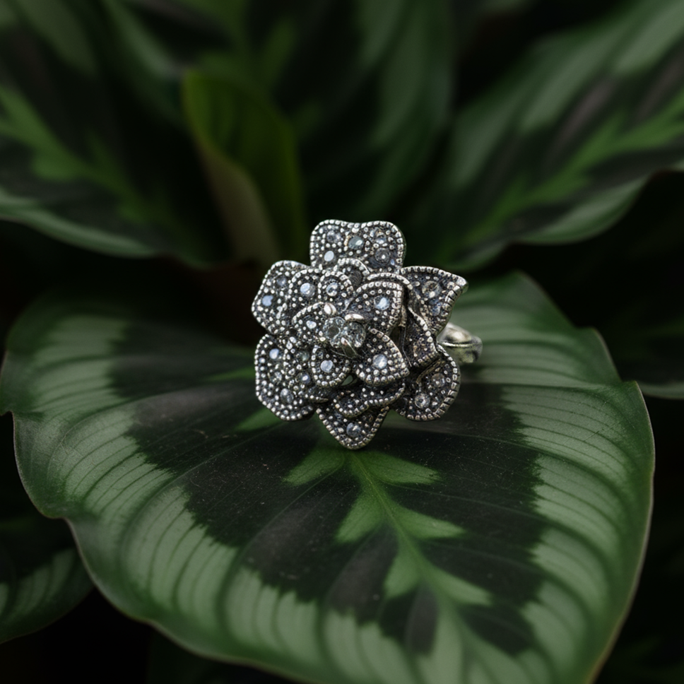 Side view Moon Flower ring highlighting moonlight-inspired shine and mystical design
