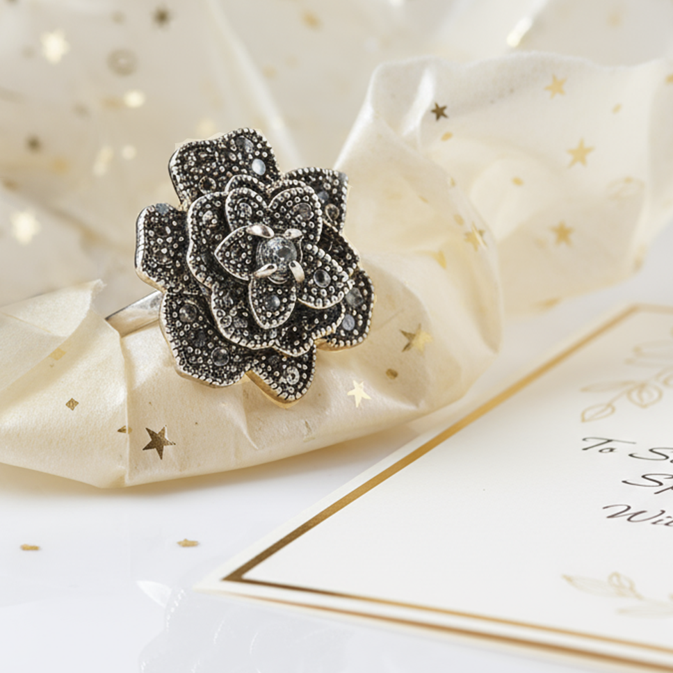 Close-up Moon Flower ring displaying three-dimensional flower craftsmanship and petal detail