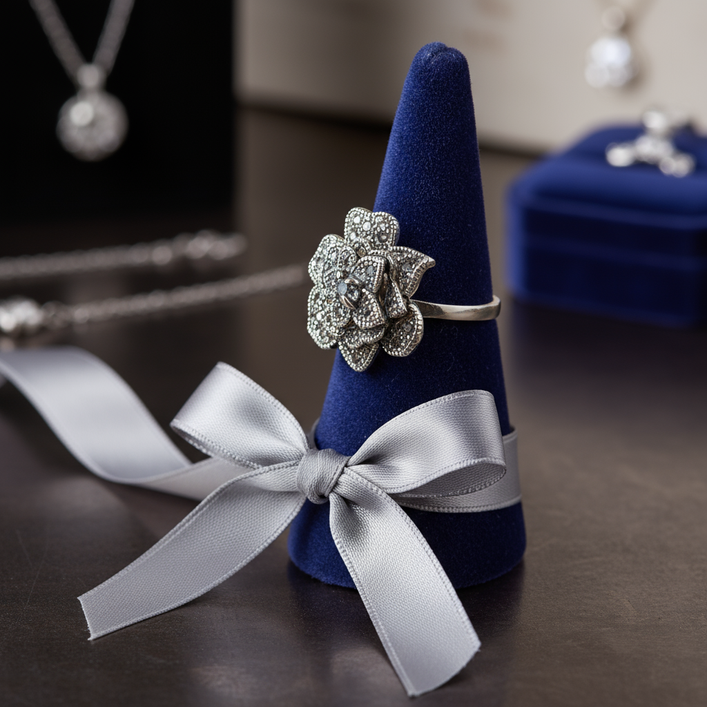 Moon Flower ring at angle showing sacred feminine symbolism and intuition connection