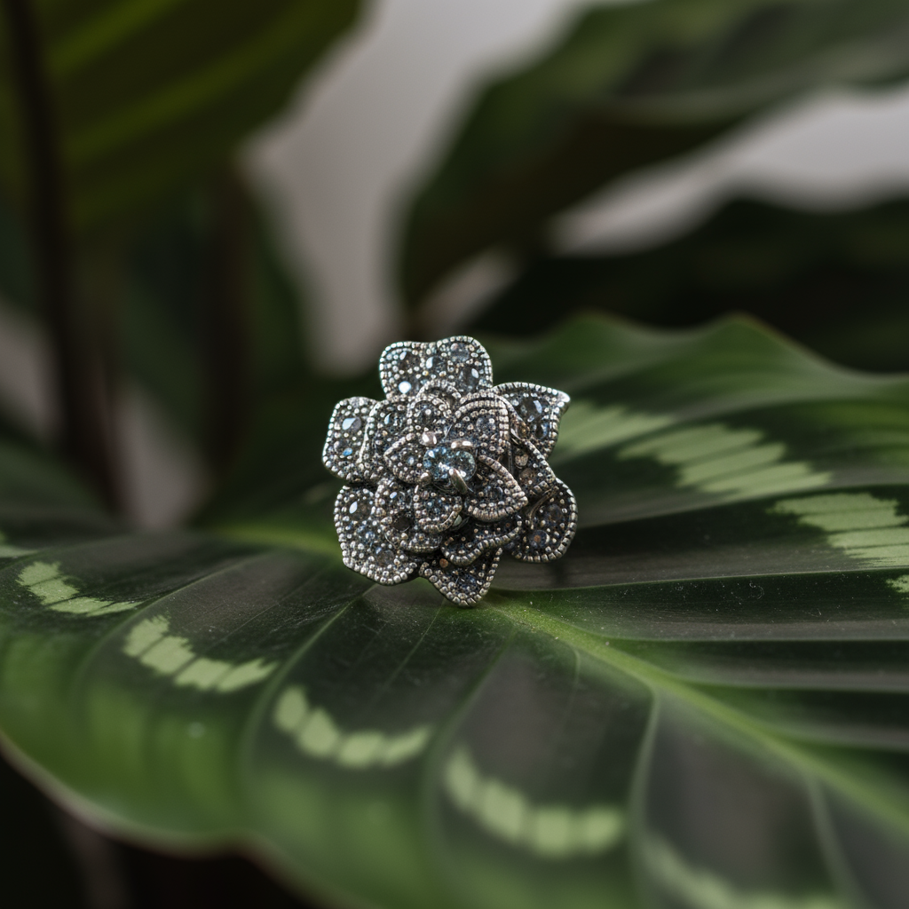 Artistic view Moon Flower ring emphasizing nocturnal magic and eternal beauty