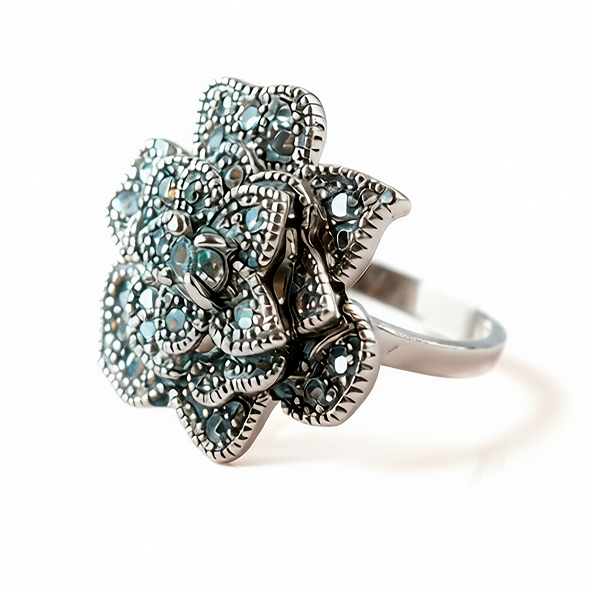 Detail macro Moon Flower ring highlighting three-dimensional flower petal texture and moonlight silver shine
