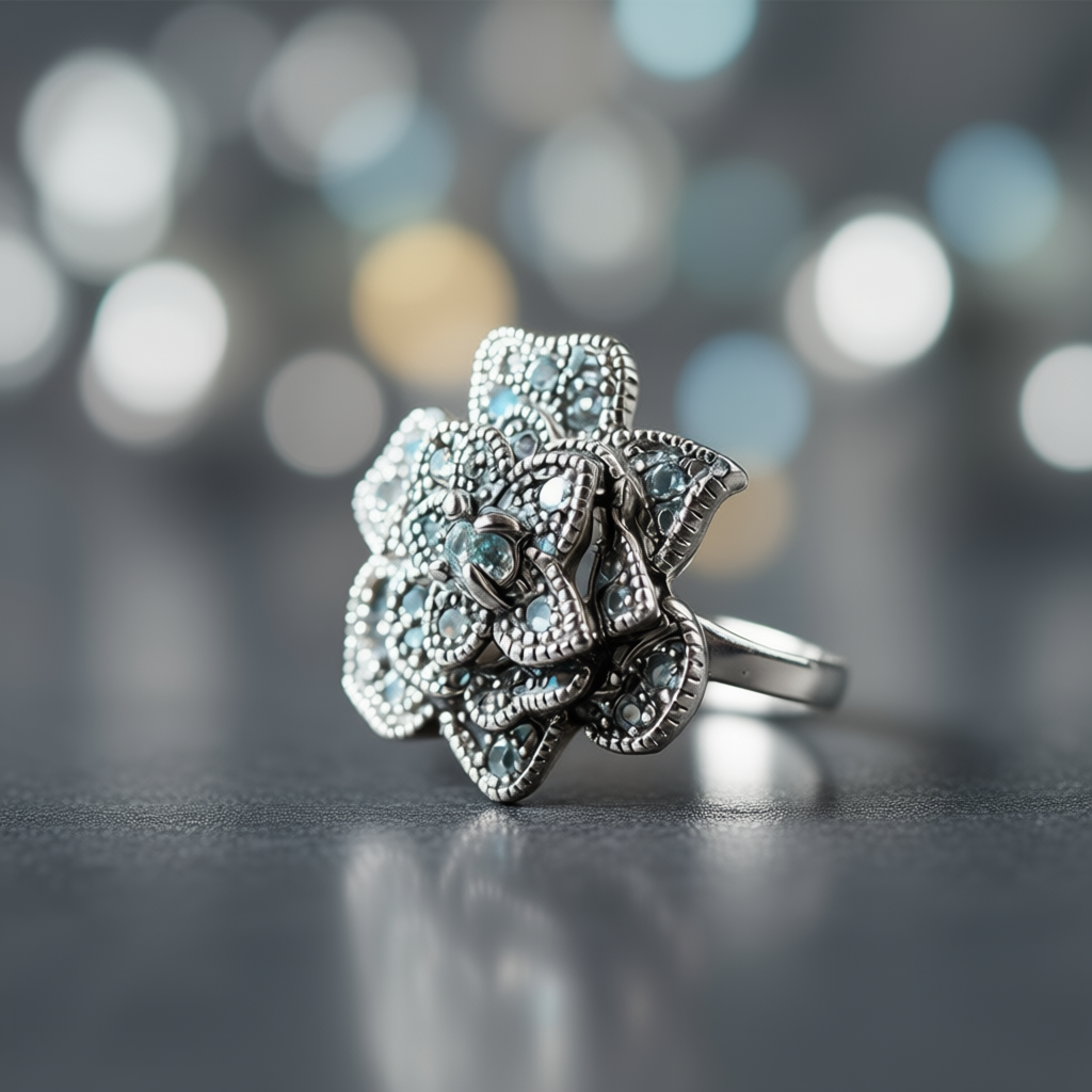 Close-up detail Moon Flower ring showing relief engraving precision and mystical flower craftsmanship