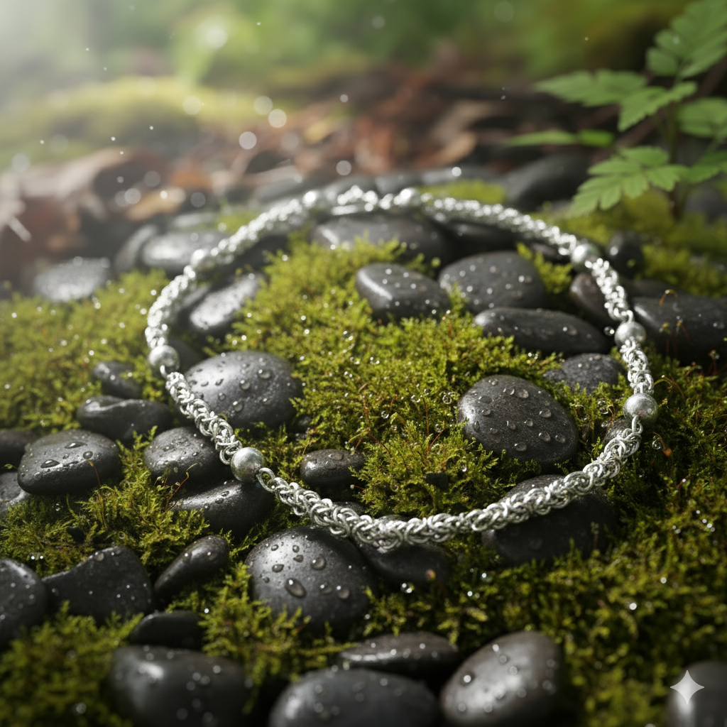 Close-up Moon Path necklace displaying minimalist design and light-reflecting spheres
