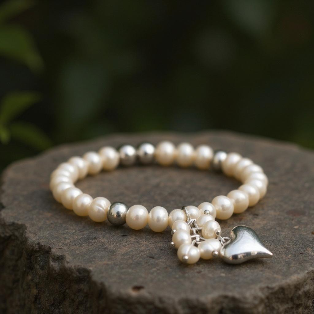 Side view Mother-of-Pearl Heart bracelet highlighting ocean-born pearls and elastic band