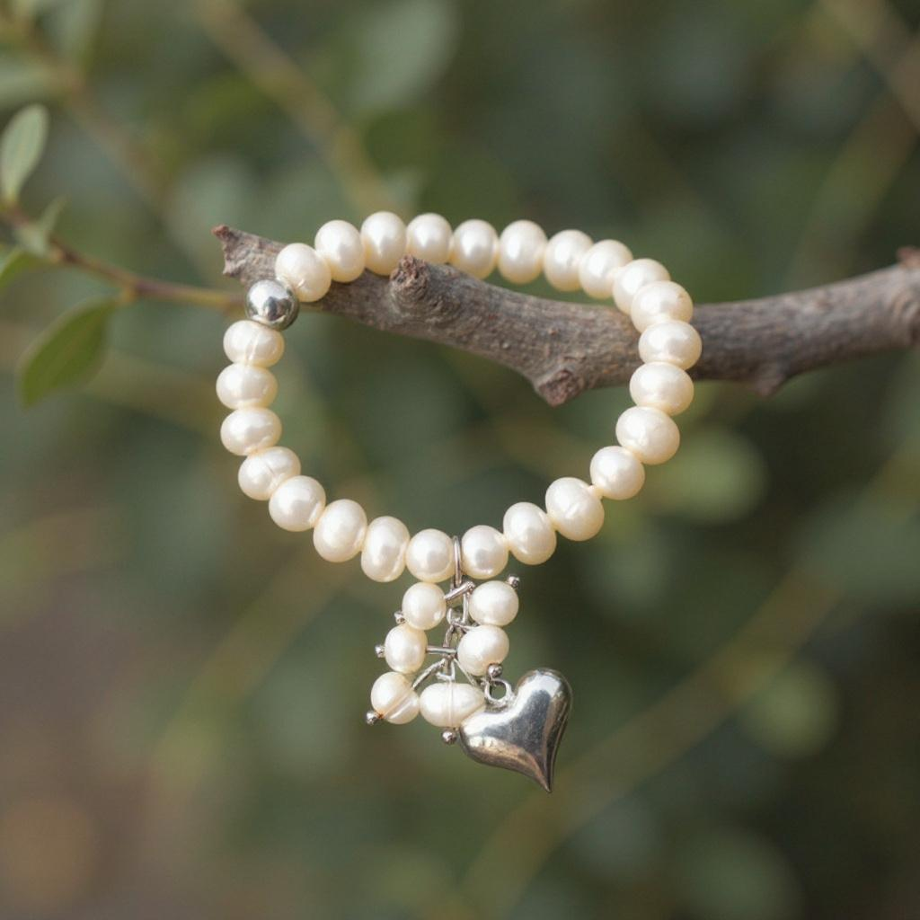 Mother-of-Pearl Heart bracelet at angle showing love and purity symbolism