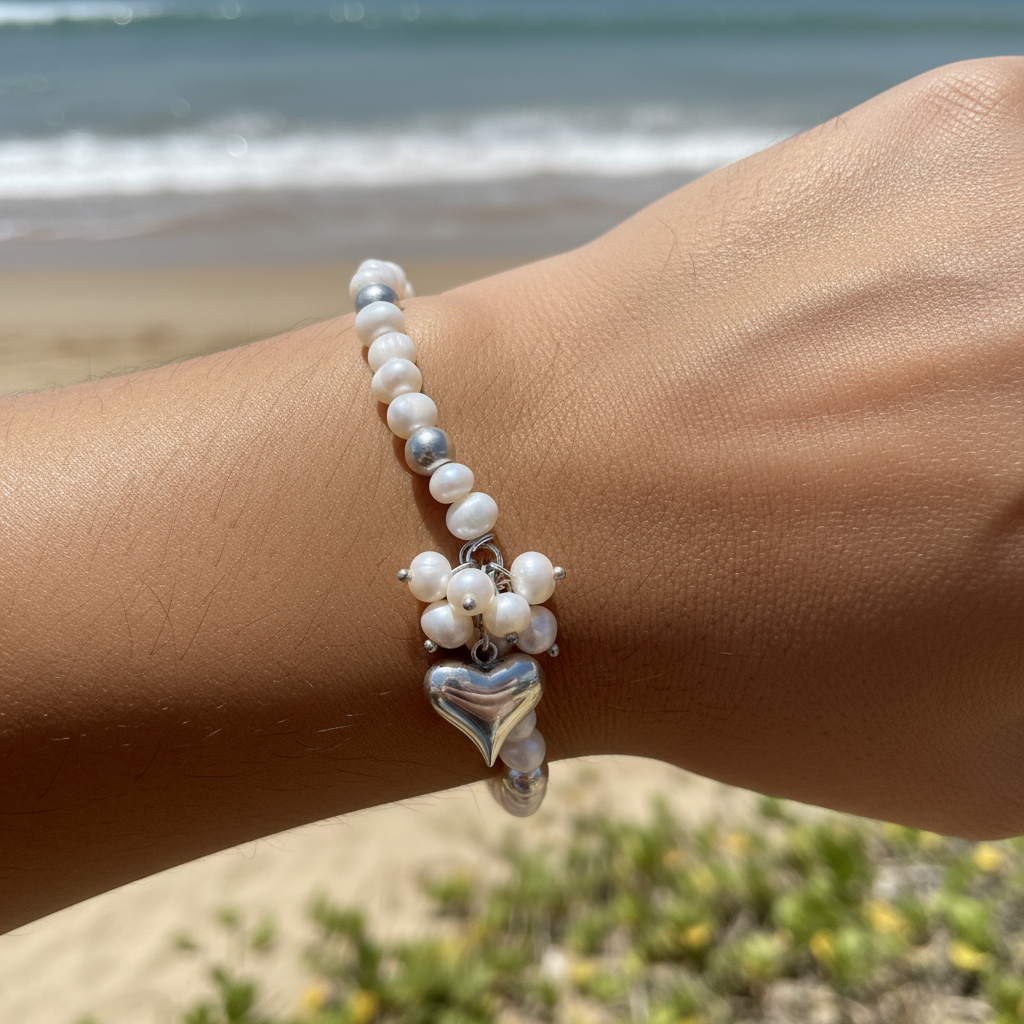 Artistic view Mother-of-Pearl Heart bracelet emphasizing feminine protection and tenderness talisman