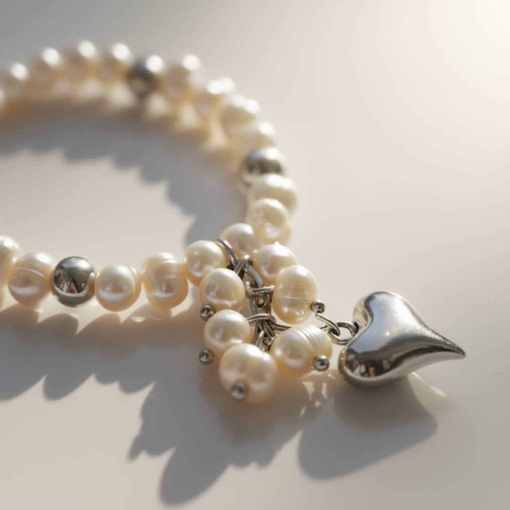 Detail macro Mother-of-Pearl Heart bracelet highlighting natural pearl iridescence and silver heart charm detail