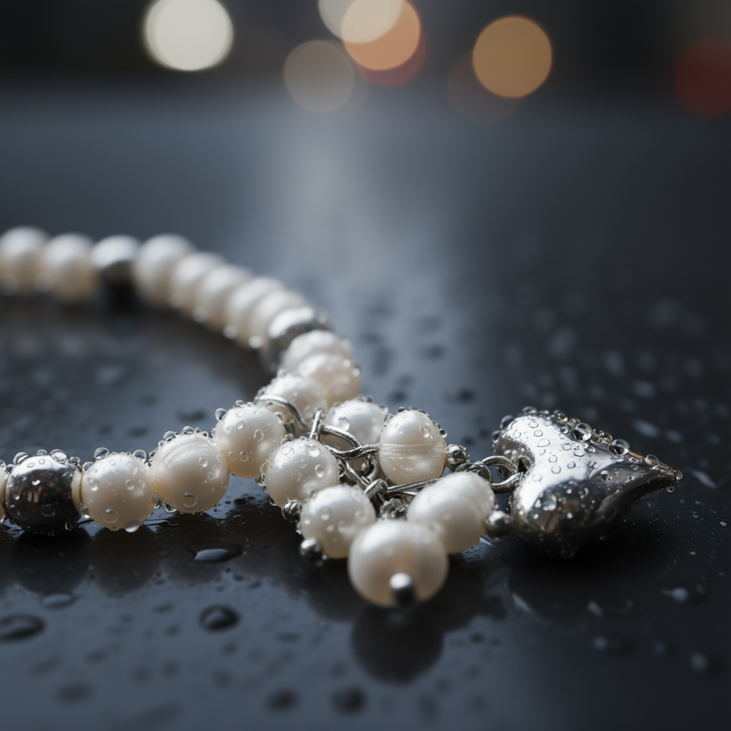 Close-up detail Mother-of-Pearl Heart bracelet showing elastic band flexibility and ocean-born pearl luster