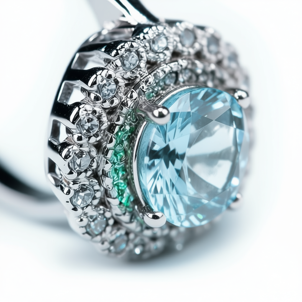 Close-up detail Ocean Flower ring showing aqua-hued tourmaline clarity and flower-inspired craftsmanship