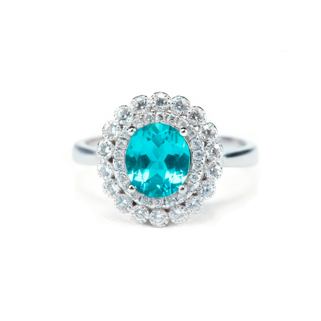 Ocean Flower green tourmaline halo ring with double zircon halos in rhodium silver, front view