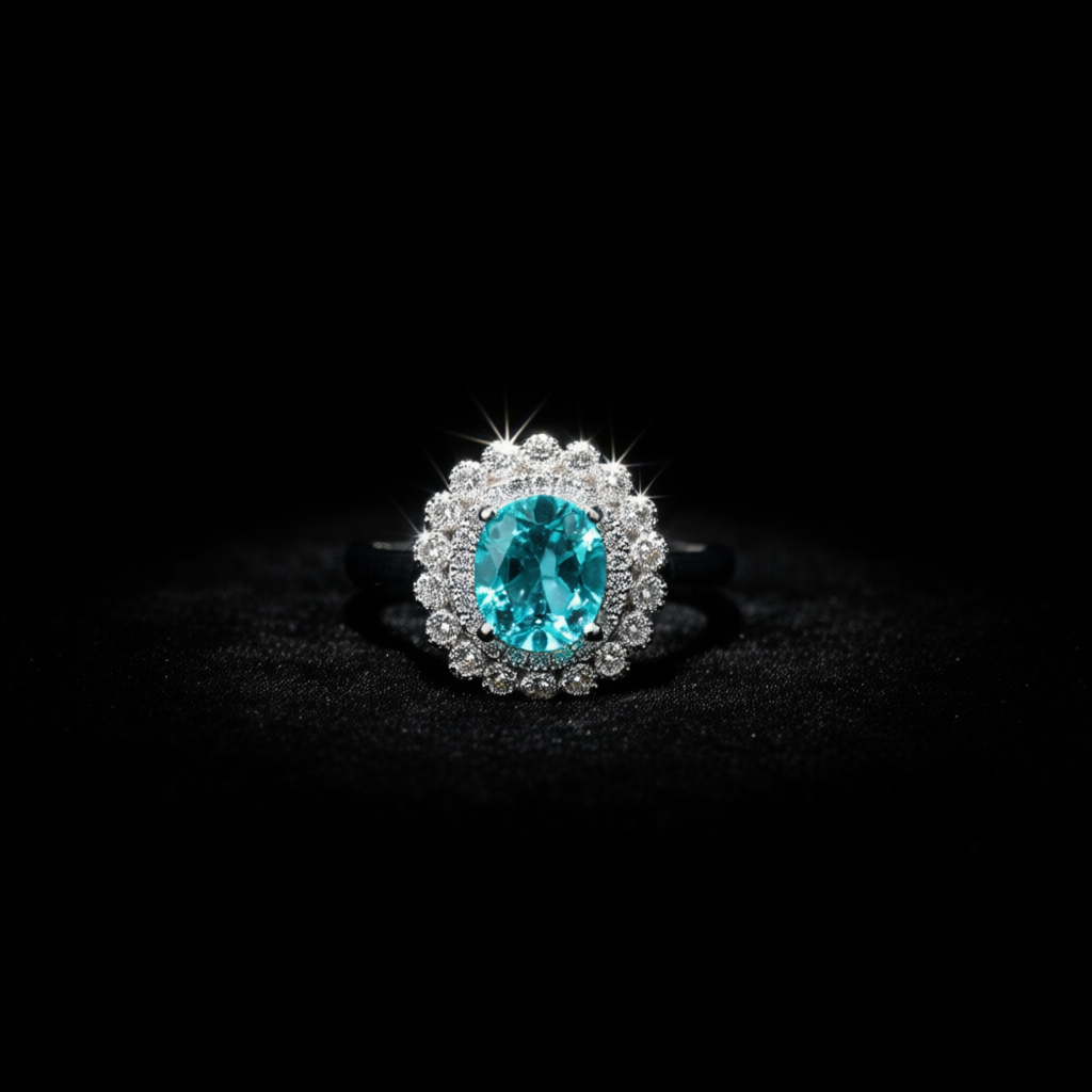 Side view Ocean Flower ring highlighting double halo design and sea foam sparkle effect