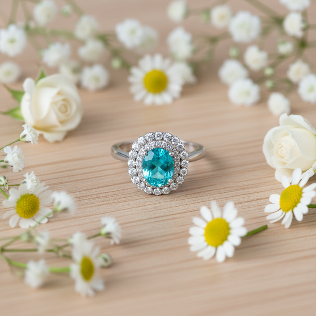Close-up Ocean Flower ring displaying tourmaline brilliance and delicate craftsmanship
