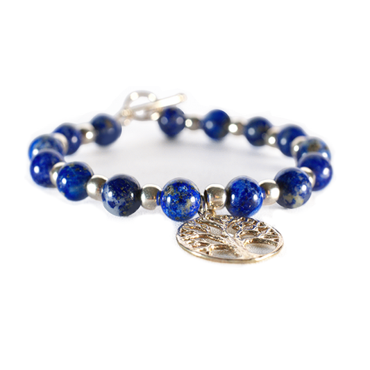 Roots of Heaven lapis lazuli and sterling silver bracelet with Tree of Life charm, front view
