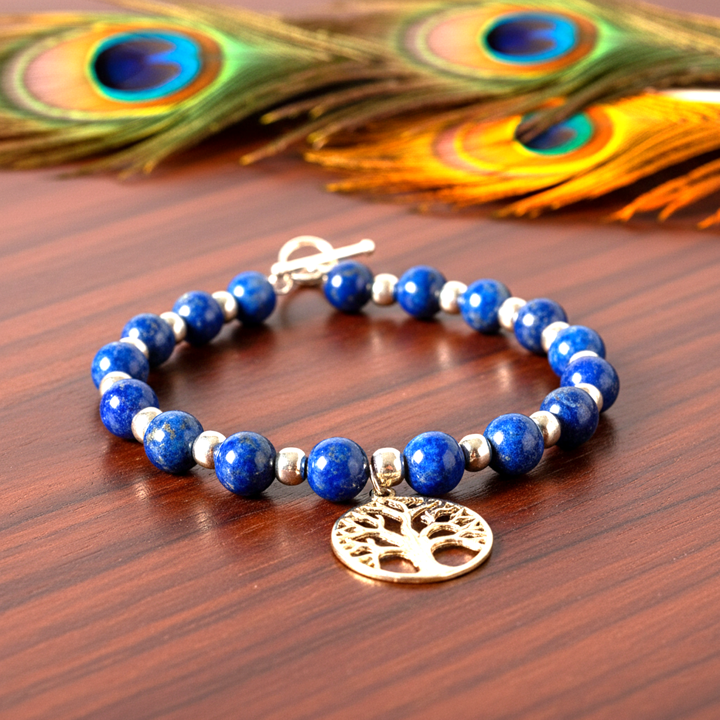 Close-up Roots of Heaven bracelet displaying lapis lazuli texture and sterling silver craftsmanship
