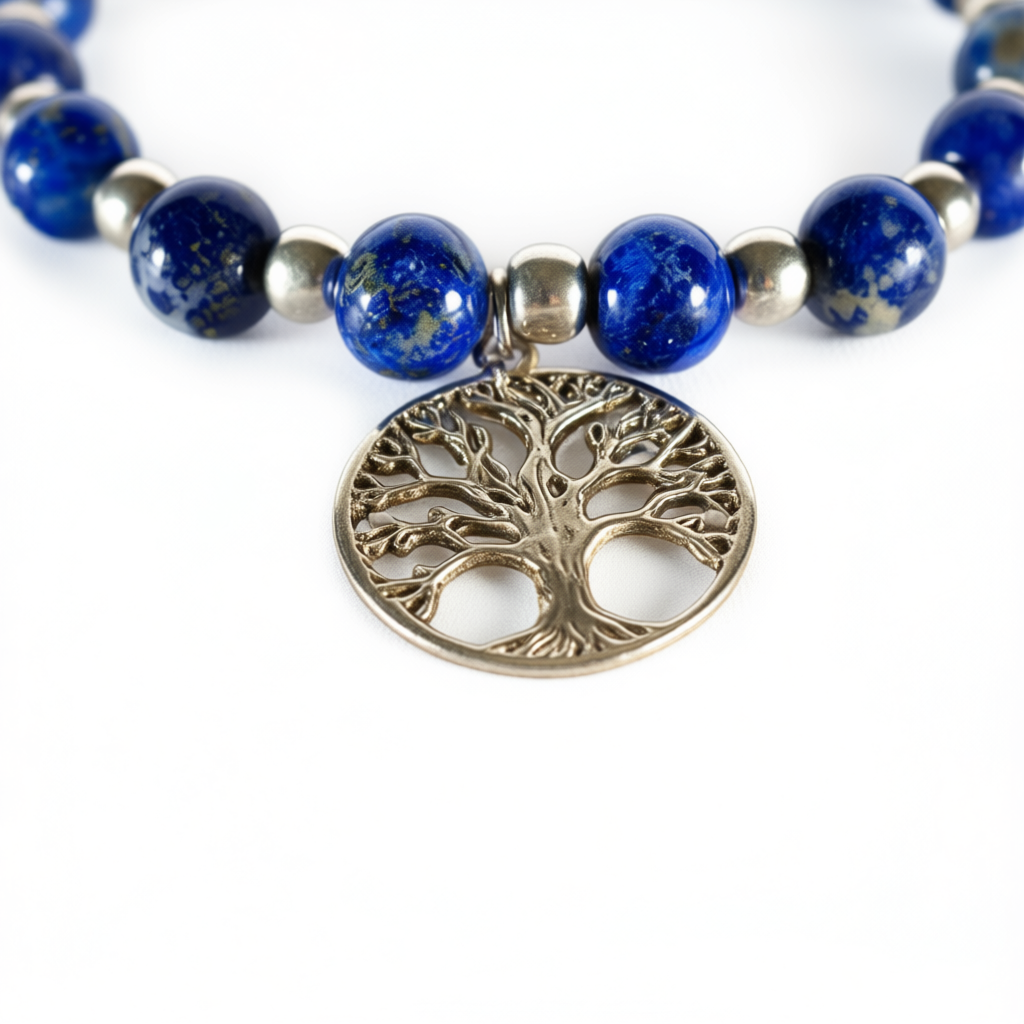 Detail macro Roots of Heaven bracelet highlighting Tree of Life charm detail and lapis lazuli bead quality