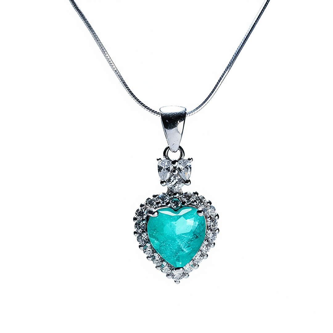 Sacred Heartbeat green tourmaline heart pendant with sparkling halo, front view