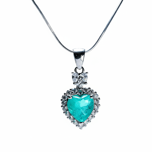 Sacred Heartbeat green tourmaline heart pendant with sparkling halo, front view