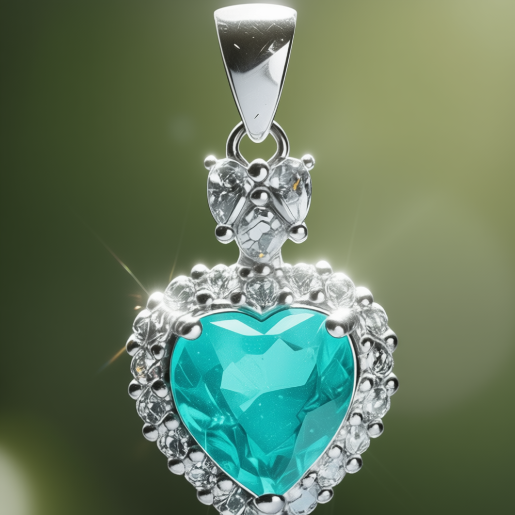Detail macro Sacred Heartbeat pendant highlighting green tourmaline heart clarity and sparkling halo brilliance
