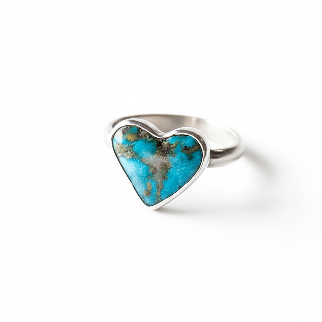 Turquoise Heart silver ring with natural heart-shaped turquoise stone, front view