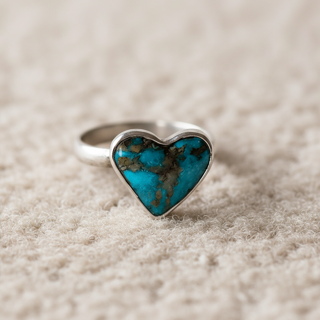 Close-up Turquoise Heart ring displaying natural turquoise texture and unique veining