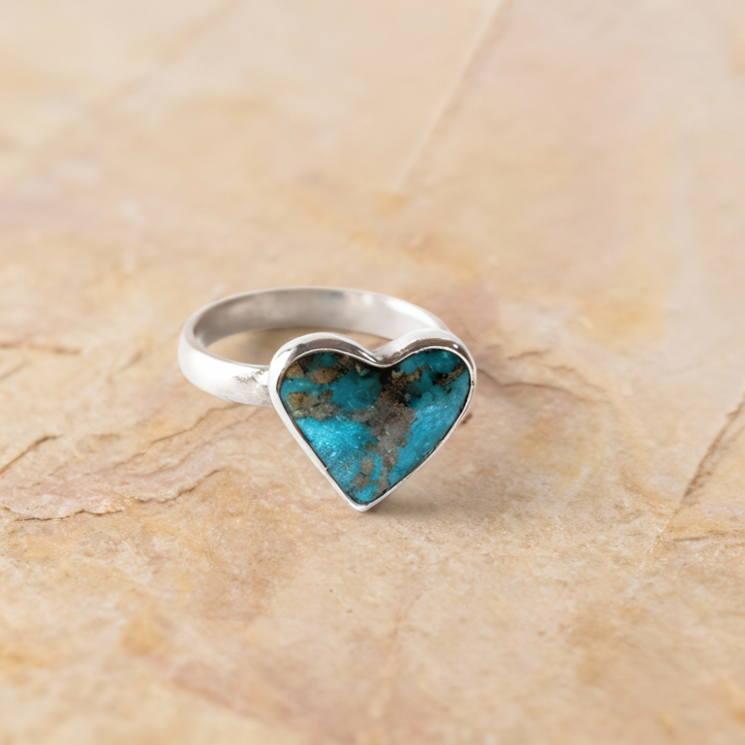 Back view Turquoise Heart ring showing band construction and comfortable fit design