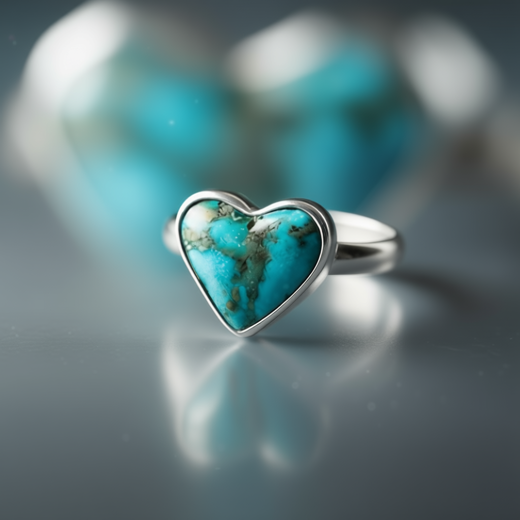 Detail macro Turquoise Heart ring highlighting natural stone heart carving and blue-gold veining pattern
