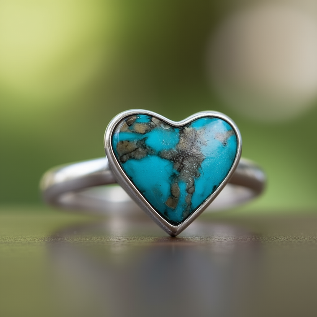 Close-up detail Turquoise Heart ring showing handcrafted silver bezel setting and emotional balance symbolism