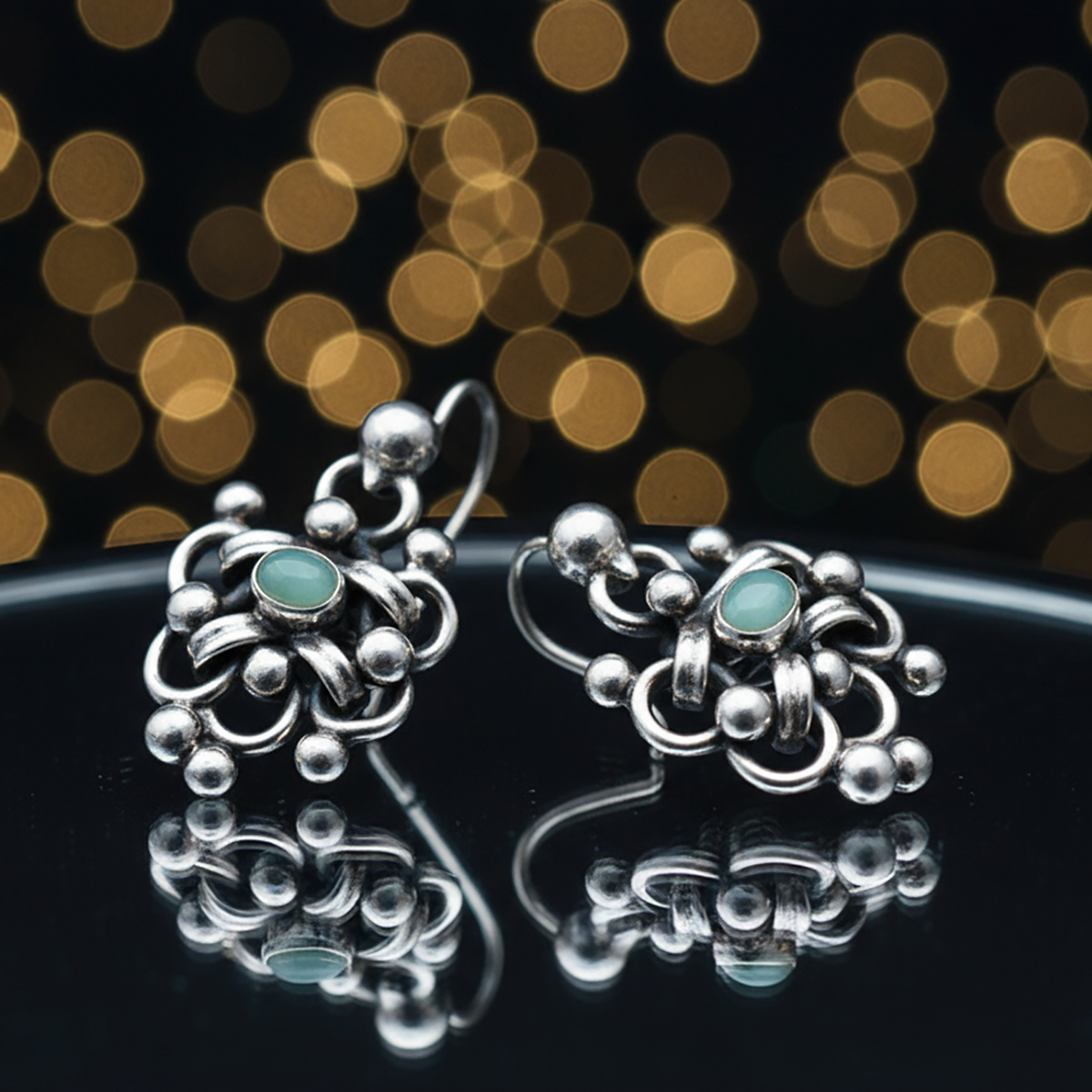 Close-up Vintage Silver Set bracelet showing turquoise dots and mini party hand design