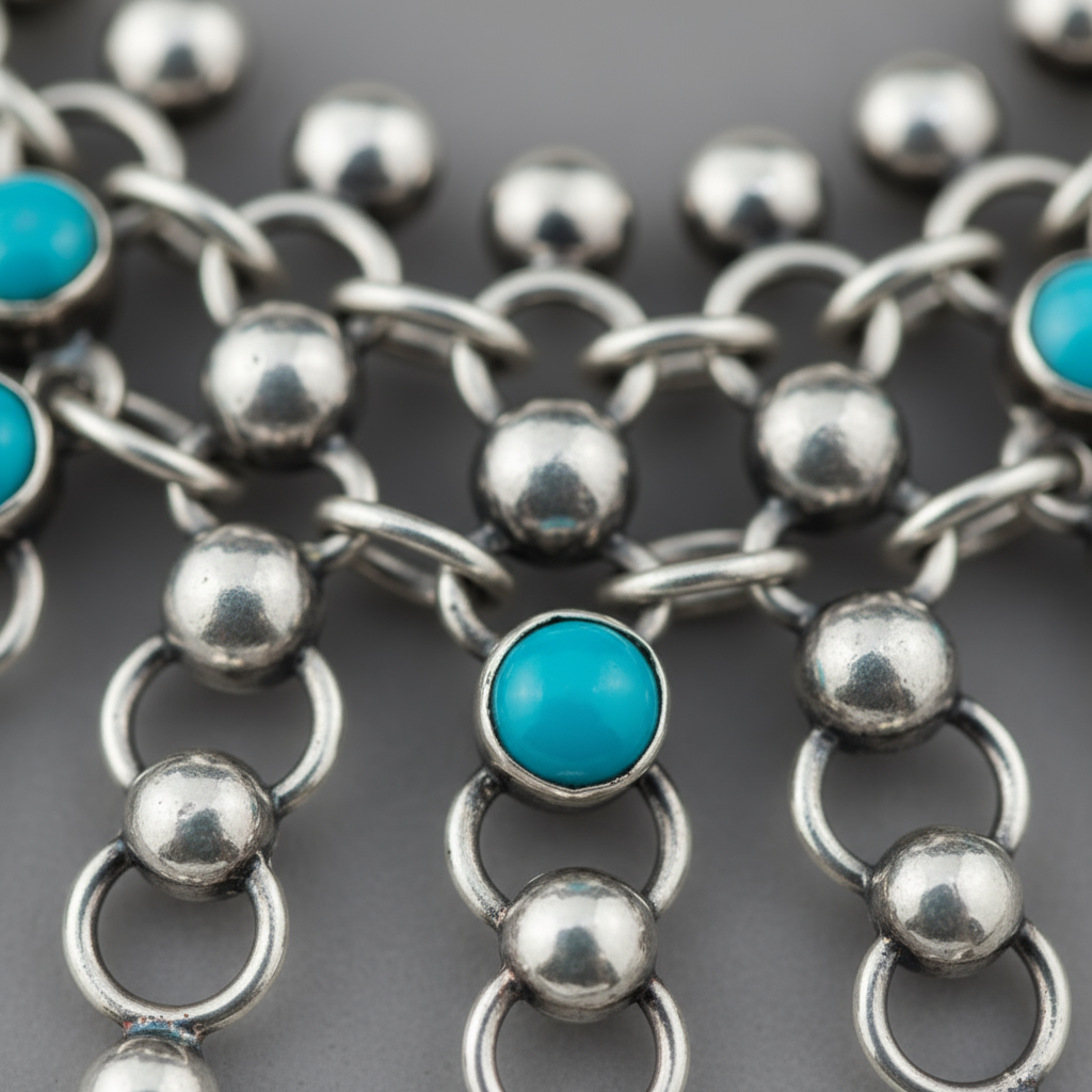 Detail macro Vintage Silver Set highlighting turquoise accents and silver sphere weaving craftsmanship