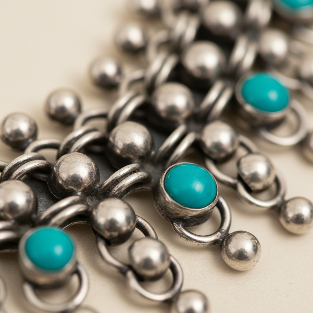 Close-up detail Vintage Silver Set showing articulated bracelet flexibility and Frida Kahlo inspired design
