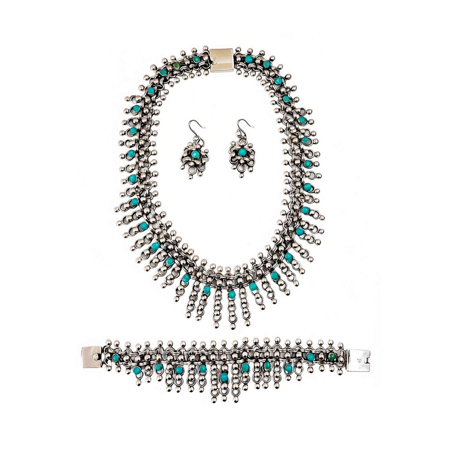 Vintage Silver Set necklace, earrings and bracelet inspired by Frida Kahlo, front view