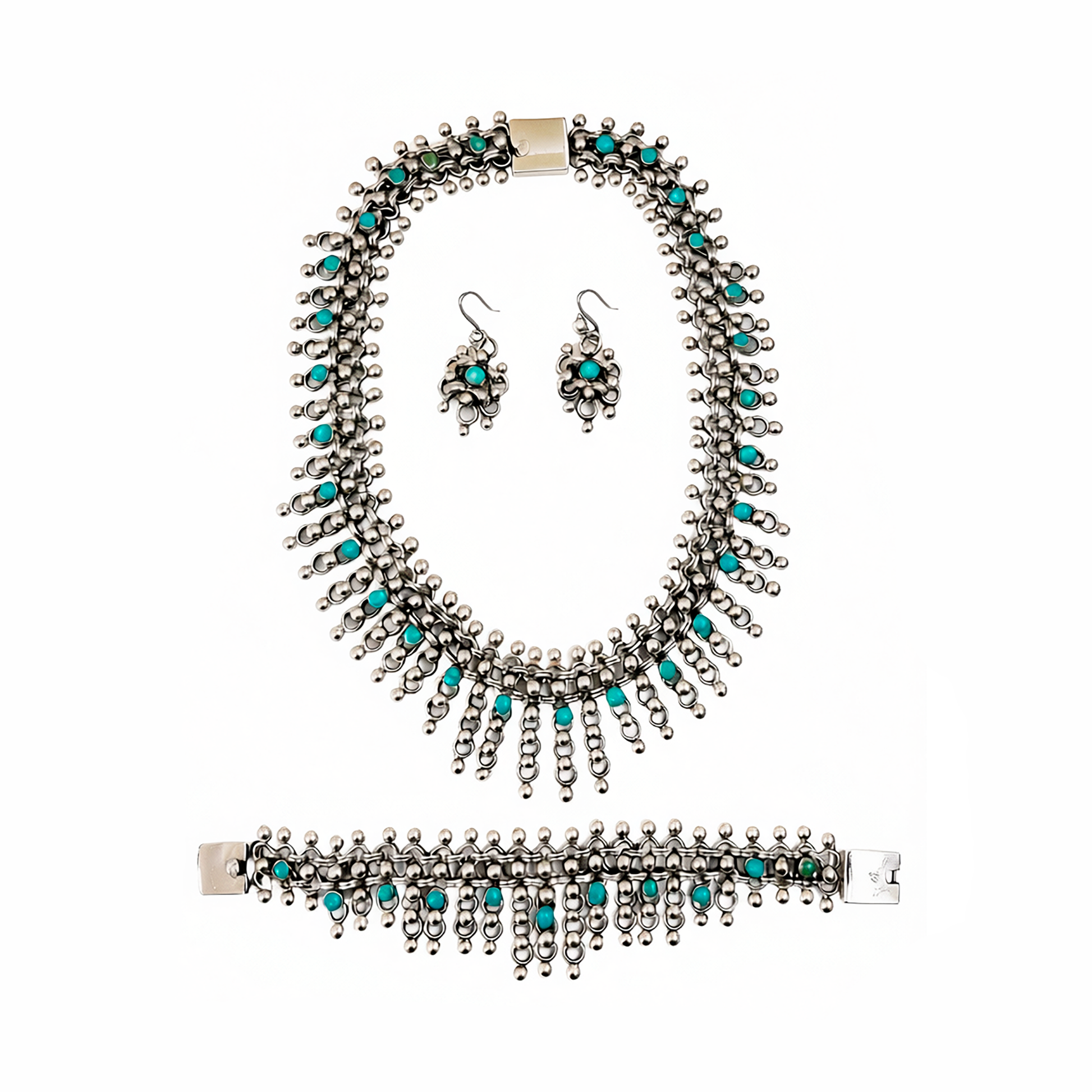 Vintage Silver Set necklace, earrings and bracelet inspired by Frida Kahlo, front view