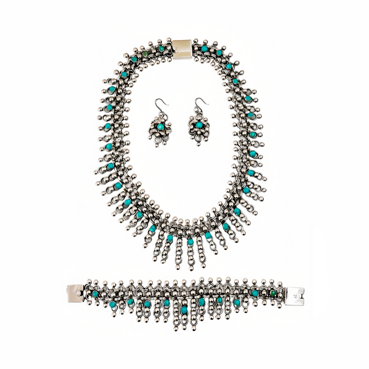 Vintage Silver Set necklace, earrings and bracelet inspired by Frida Kahlo, front view