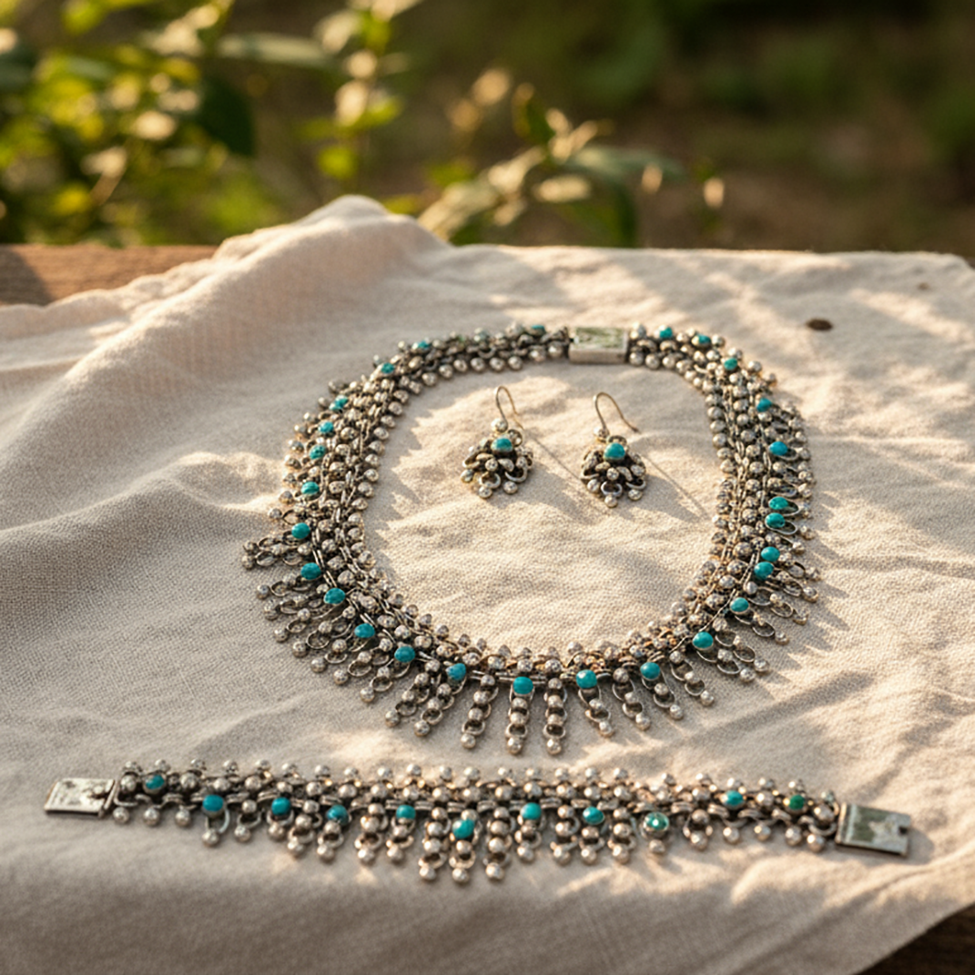 Side view Vintage Silver Set necklace highlighting double hoop design and festive rhythm
