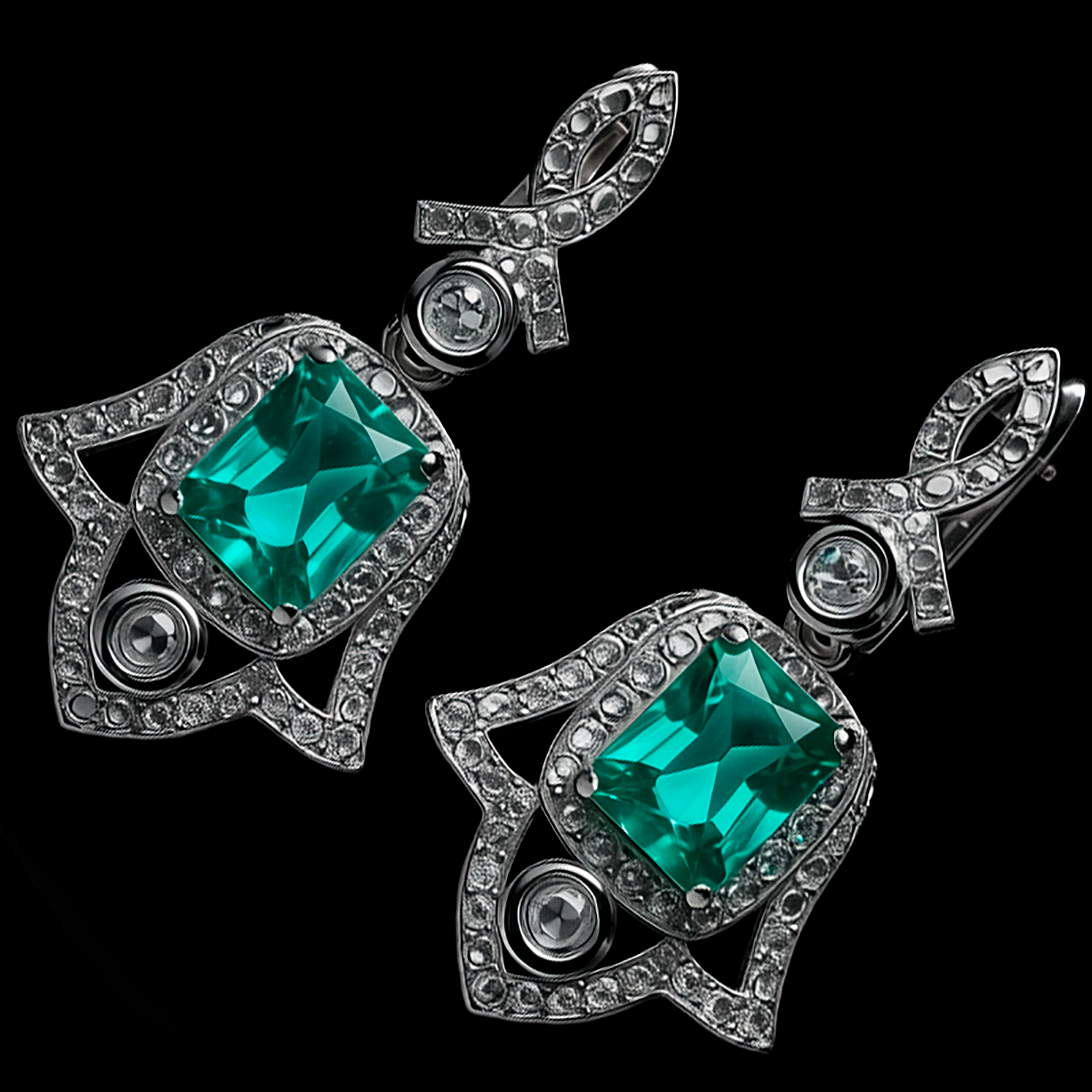 Close-up detail Wings of Protection earrings showing rectangular tourmaline cut and rhodium silver finish quality