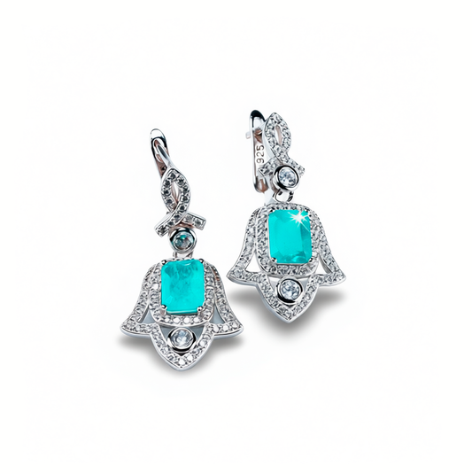Wings of Protection Hamsa earrings with green tourmaline in rhodium silver, front view
