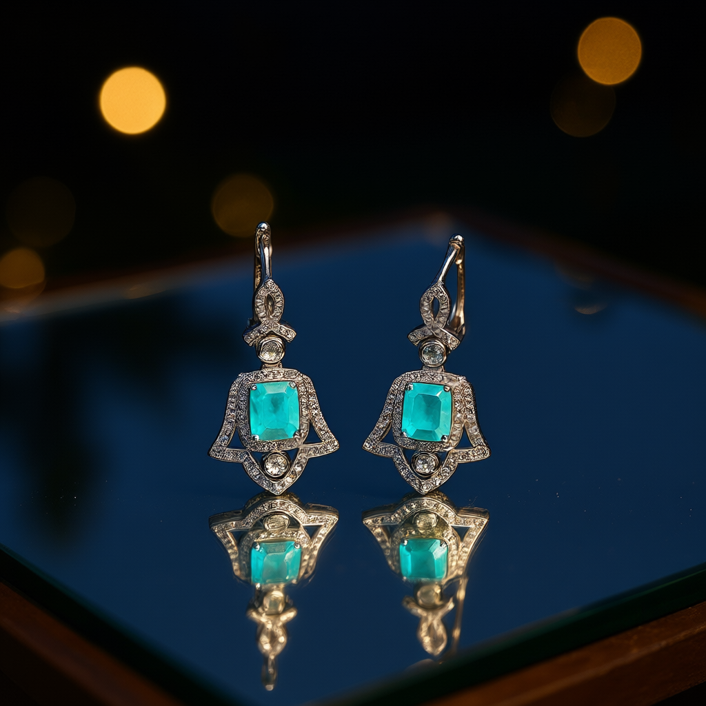 Close-up Wings of Protection earrings displaying rectangular-cut tourmaline and rhodium finish
