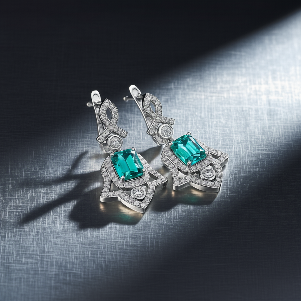 Detail macro Wings of Protection earrings highlighting craftsmanship and tourmaline brilliance