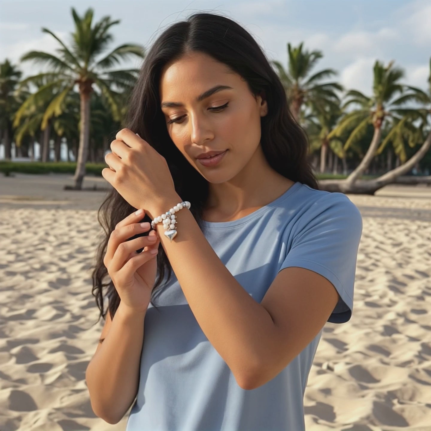Mother-of-Pearl Heart stretch bracelet with natural pearls and silver - product showcase video