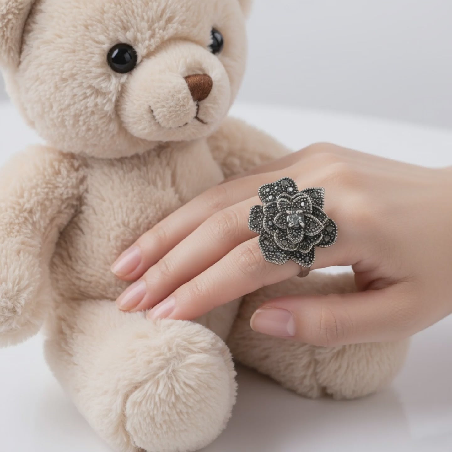 Moon Flower silver ring with relief flower design - product showcase video