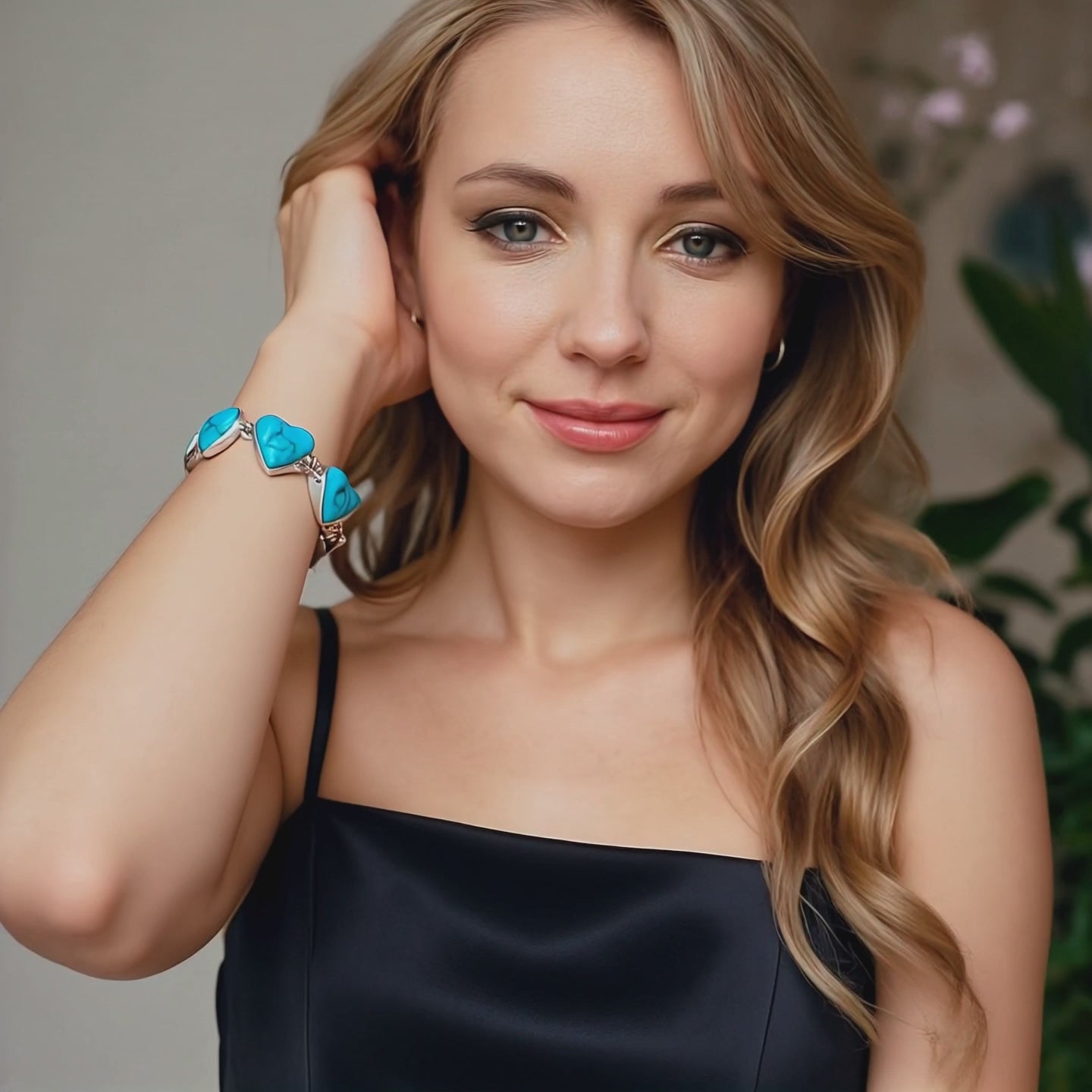 Heart of Heaven bracelet detail video showing turquoise hearts and silver setting movement