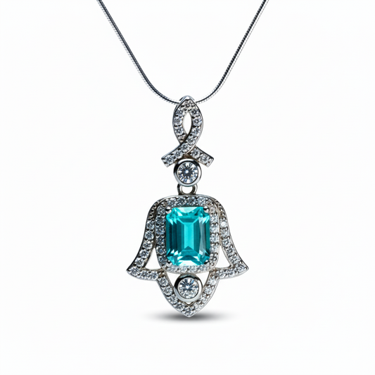 Amulet of Light Hand of Fatima pendant with rectangular green tourmaline in rhodium silver, front view
