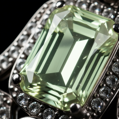 Close-up detail Amulet of Light pendant showing rectangular tourmaline clarity and rhodium silver finish craftsmanship