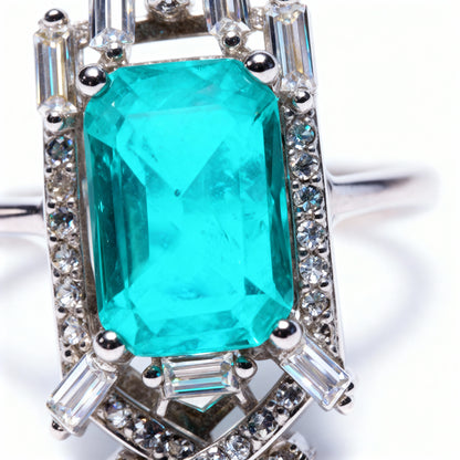 Close-up detail Emerald Portal ring showing mystical stone clarity and rhodium finish craftsmanship