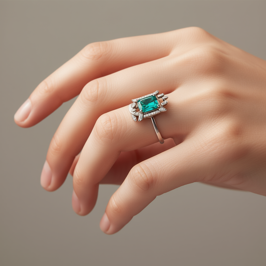 Detail of Emerald Portal ring showing central green tourmaline and sophisticated setting