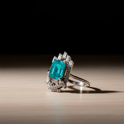 Side view Emerald Portal ring highlighting chromatic intensity and elegant design