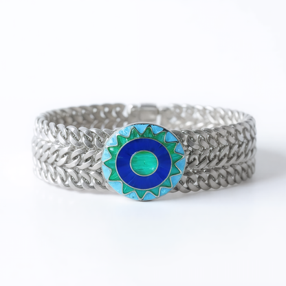 Emerald Sun sterling silver bracelet with opal and turquoise medallion, front view